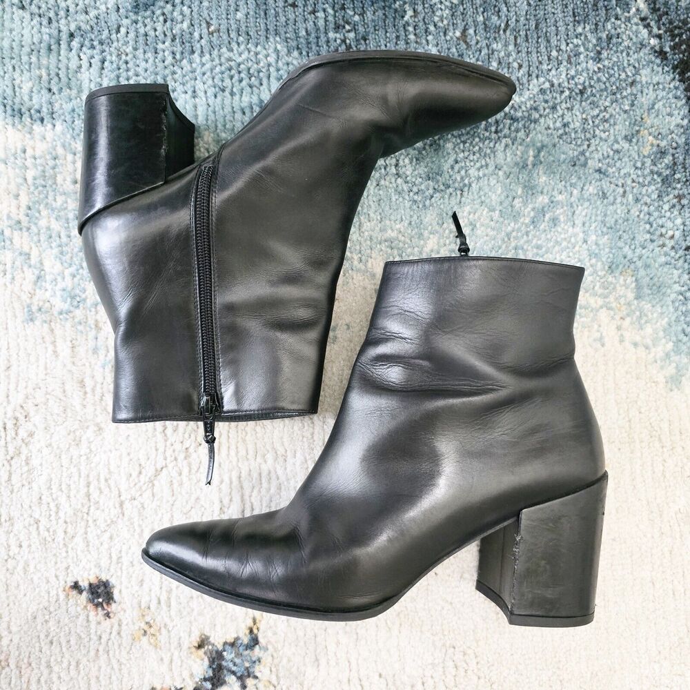 Stuart Weitzman Black Leather Pointed TOE Zip Up Block Heel Ankle Boot Shoe Sz 9